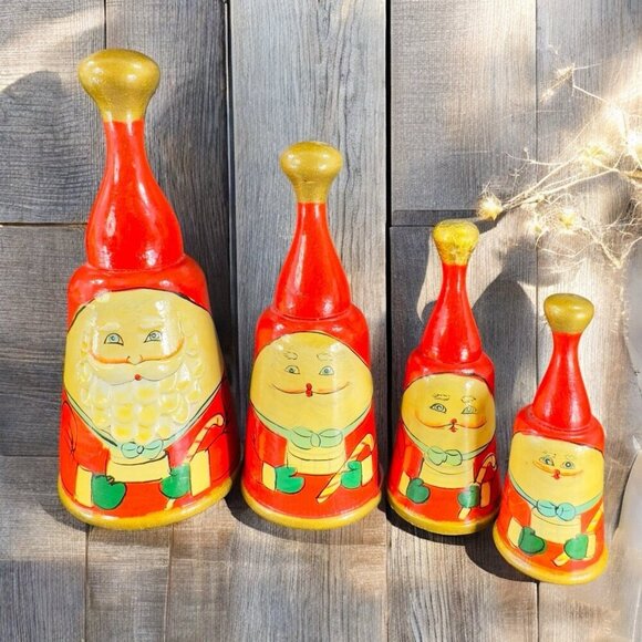 Vintage German Wooden Santa Claus Bell Set 4 Hand Painted Raised Made In Germany - Picture 1 of 16